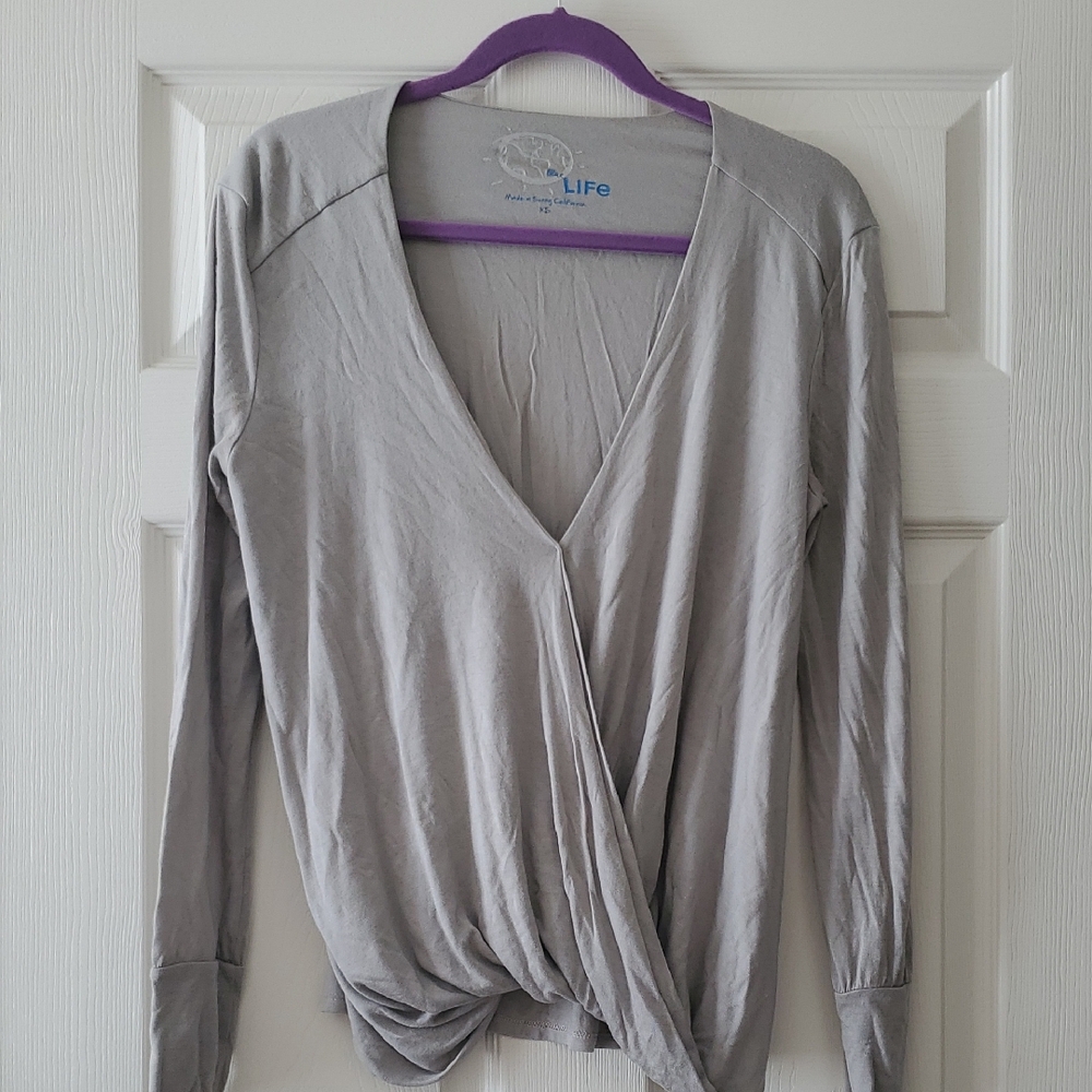 Blue Life Light Gray Faux Wrap Long Sleeve Top. DEEP V. XS